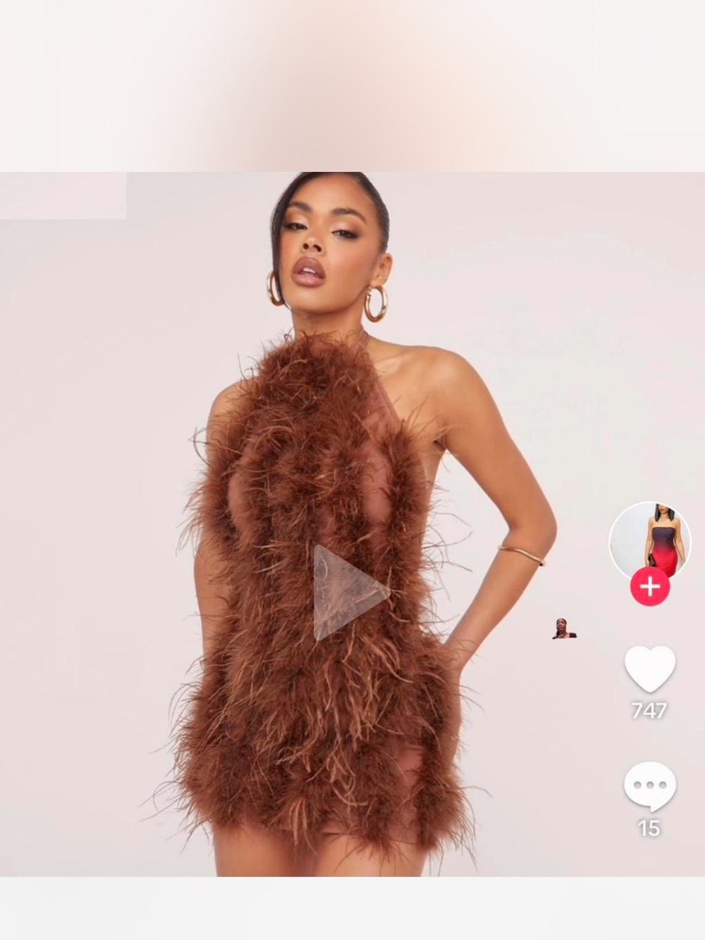 Feather-Trim Mini Dress in Brown - Chic Halter Style